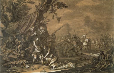 Chirurgo militare sul campo di battaglia durante la guerra di successione spagnola, 1707, inciso da Christian Rugendas