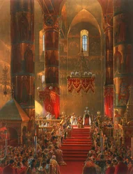 Il Metropolita si genuflette alla cerimonia di incoronazione dello Zar Alessandro II, Mosca, 1856