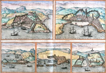 Tangier, Safi, Ceuta, Asilah, Salé, Marocco, dal libro Civitates orbis terrarum di Braun e Hogenberg. Anno di pubblicazione 1572, Colonia.