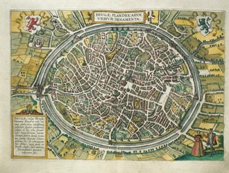 Belgio, mappa di Bruges da Civitates Orbis Terrarum di Georg Braun e Franz Hogenberg, Colonia, incisione