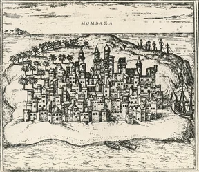 Città di Mombasa in Kenya, incisione da Civitates Orbis Terrarum
