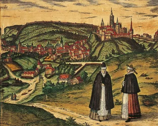 Repubblica Ceca, Praga, Vista della città con la cittadella sullo sfondo, incisione a colori da Civitates Orbis Terrarum di Georg Braun (1541-1622) e Franz Hogenberg (1535-1590)