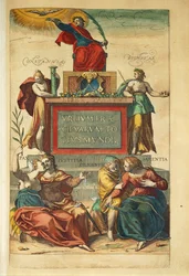 Frontespizio del volume IV raffigurante figure allegoriche dal Civitates Orbis Terrarum di Georg Braun