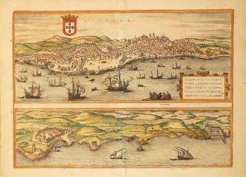 Mappa di Lisbona e Cascais da Civitates Orbis Terrarum di Georg Braun