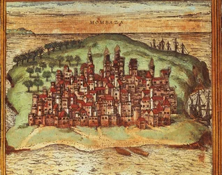 Mappa di Mombasa, Kenya, da Civitates Orbis Terrarum di Georg Braun e Franz Hogenberg, incisione