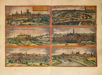 Mappa di Monaco, Ingolstadt, Freising, Nordlingen, Ratisbona e Straubing, Germania, da Civitates Orbis Terrarum di Georg Braun