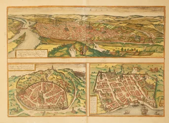 Mappa di Rouen, Nimes e Bordeaux da Civitates Orbis Terrarum di Georg Braun