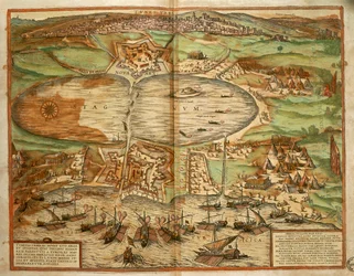 Mappa di Tunisi, Tunisia, dal Civitates Orbis Terrarum di Georg Braun e Franz Hogenberg, incisione