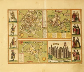 Mappa di York, Shrewbury, Lancaster e Richmond Castle da Civitates Orbis Terrarum di Georg Braun