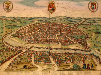 Veduta di Siviglia, incisione a colori da Civitates Orbis Terrarum di Georg Braun e Franz Hogenberg