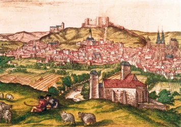 Città di Burgos in Spagna con pastori e gregge di pecore in primo piano (1576). Incisione in Civitatis Orbis Terrarum
