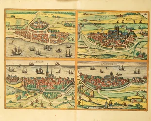 Helsingborg, Lund, Malmö, Elbogen e Landskrona, da Civitates Orbis Terrarum, Colonia