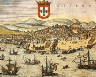 Mappa della città di Lisbona, da Civitates Orbis Terrarum di Georg Braun e Franz Hogenberg, incisione