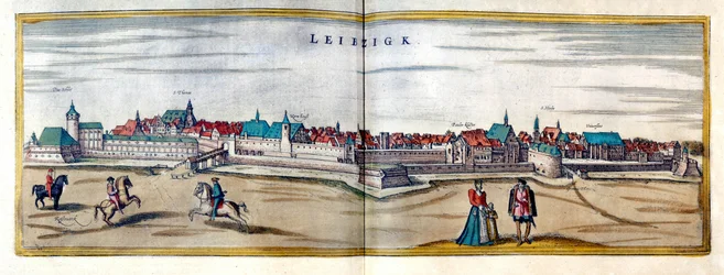 Veduta della città di Lipsia in Germania. Incisione dall