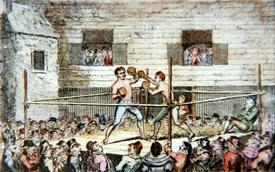 Un incontro di boxe alla corte dei cinque, Londra, da una stampa pubblicata nel 1812