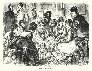 Cartone animato di Punch: Adorazione del bambino (incisione)