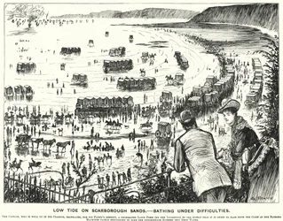 Cartone animato di Punch: Bassa marea sulle sabbie di Scarborough - Bagno in difficoltà (incisione)