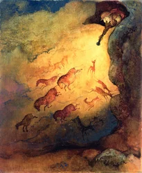 Mr Punch come esploratore di caverne spaventando gli animali a Lascaux, commissione non pubblicata da Punch, 1968