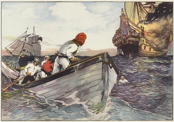 Remando a una distanza di sicurezza, i pirati si fermarono e con un piacere diabolico guardarono le fiamme salire