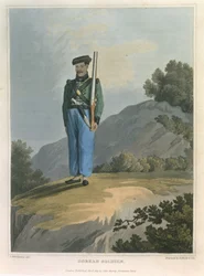 Soldato Gorkah, da Journal of a Route Across India and Through Egypt, inciso da R. Havell e Son, pub. da John Murray, 1819