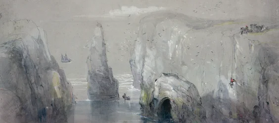 Veduta di Flamborough Head, che mostra un gruppo di uomini che raccolgono uova di gabbiano