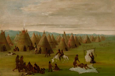 Villaggio Comanche, donne che vestono pelli e asciugano carne, 1834-1835
