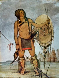 Guerriero comanche con scudo, lancia, arco e frecce, ca. 1835