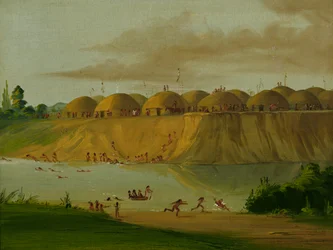 Villaggio Hidatsa, capanne coperte di terra, sul fiume Knife, 1810 miglia sopra St. Louis, 1832