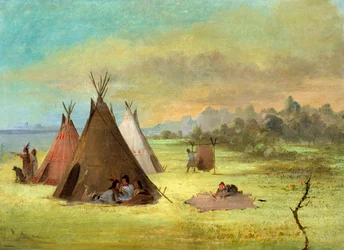 Accampamento indiano, Comanche (o Kiowa) che vestono le pelli, fiume Rosso