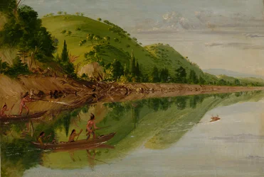 Vista sul fiume St. Peter, indiani Sioux che inseguono un cervo con le loro canoe