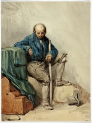 Uomo calvo seduto su beni (recto); Signora in abito giallo (verso)