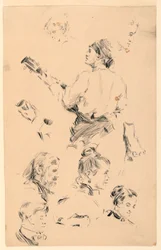Schizzi di teste, una mano, un piede e un musicista