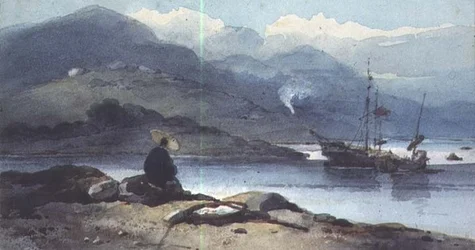 Un fiume cinese con una figura sulla riva
