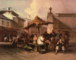 Un gruppo di cinesi che mangiano fuori dalla chiesa di San Domingo