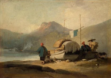 Scena cinese, barche sul lago