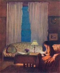 Lettura alla luce della lampada: Interno, 1909