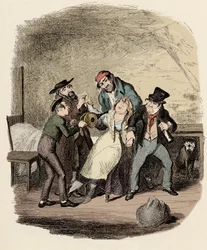 Fagin, Charley Bates, Kikes e Dawkins rianimano Nancy - Il signor Fagin e il suo allievo rianimano Nancy - Illustrazione per "Oliver Twist" (Le avventure di Oliver Twist) di Charles Dickens (1812-1870)