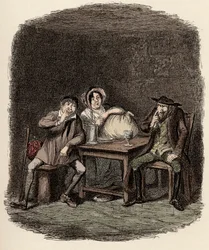 Fagin che fa affari con Morris Bolter, alias Noe Claypole, e Charlotte - L