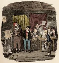 A Londra, Jack Dawkins detto la Volpe presenta Oliver a Fagin e alla sua banda di malviventi - Oliver presentato al rispettabile vecchio gentiluomo - Illustrazione per "Oliver Twist" (Le avventure di Oliver Twist) di Charles Dickens (1812-1870)