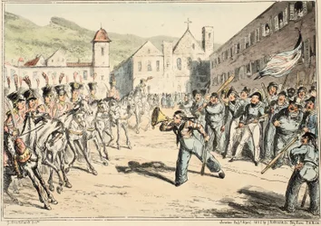 La tromba di sfida di Jack, da Greenwich Hospital, una serie di schizzi navali, descrittivi della vita di un uomo di guerra, pub. 1826 (incisione colorata a mano)