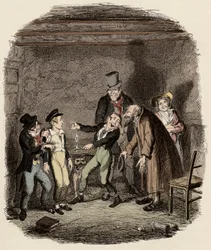 Oliver Twist ricevuto dal vecchio Fagin e la sua banda - Ricevimento di Oliver da parte di Fagin e dei ragazzi - Illustrazione per 