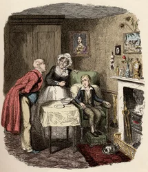 Oliver è raccolto e curato dal signor Brownlow e dalla sua governante Mrs. Bedwin - Oliver che si riprende dalla febbre (illustrazione per “Oliver Twist” di Charles Dickens, di George Cruikshank)