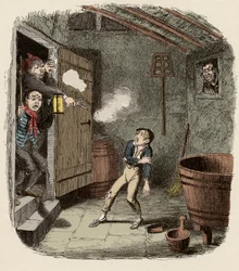Oliver sorpreso e ferito durante il tentativo di furto - Il furto (illustrazione per “Oliver Twist” di Charles Dickens, di George Cruikshank)