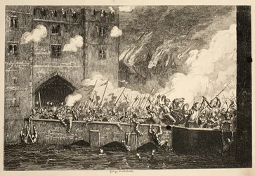 Sir Thomas Wyat attacca la By Ward Tower, da The Tower of London, pub. 1840