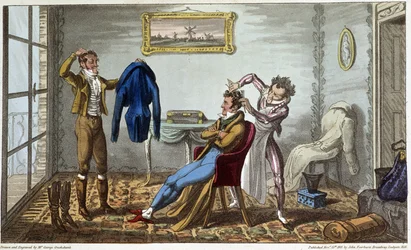 Sarto e parrucchiere a domicilio - in "La vita a Parigi" di David Carey, ill. di George Cruikshank, ed. Fairburn, Londra