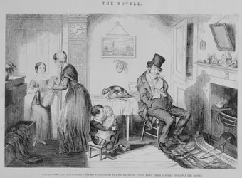 La bottiglia, Piatto II, viene licenziato dal lavoro per ubriachezza: impegnano i loro vestiti per procurarsi la bottiglia, 1847