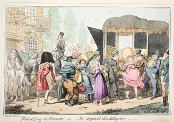 Viaggiare in Francia o Le Depart de la Diligence, pub. 1835 (incisione colorata a mano)