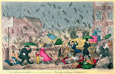 Tempo molto spiacevole, o il vecchio detto verificato: piovono gatti, cani e forconi!, pub. da G. Humphrey, 1820