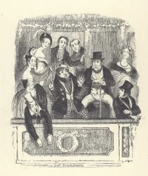 Spettatori vittoriani si affollano in un palco di un teatro di Londra (incisione)