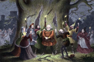 William Shakespeare Le Allegre Comari di Windsor, commedia rappresentata per la prima volta nel 1597 o 1600. Falstaff, dopo aver mantenuto il suo presunto appuntamento nella Foresta di Windsor con la Signora Ford come Herne il Cacciatore ed essere stato pi